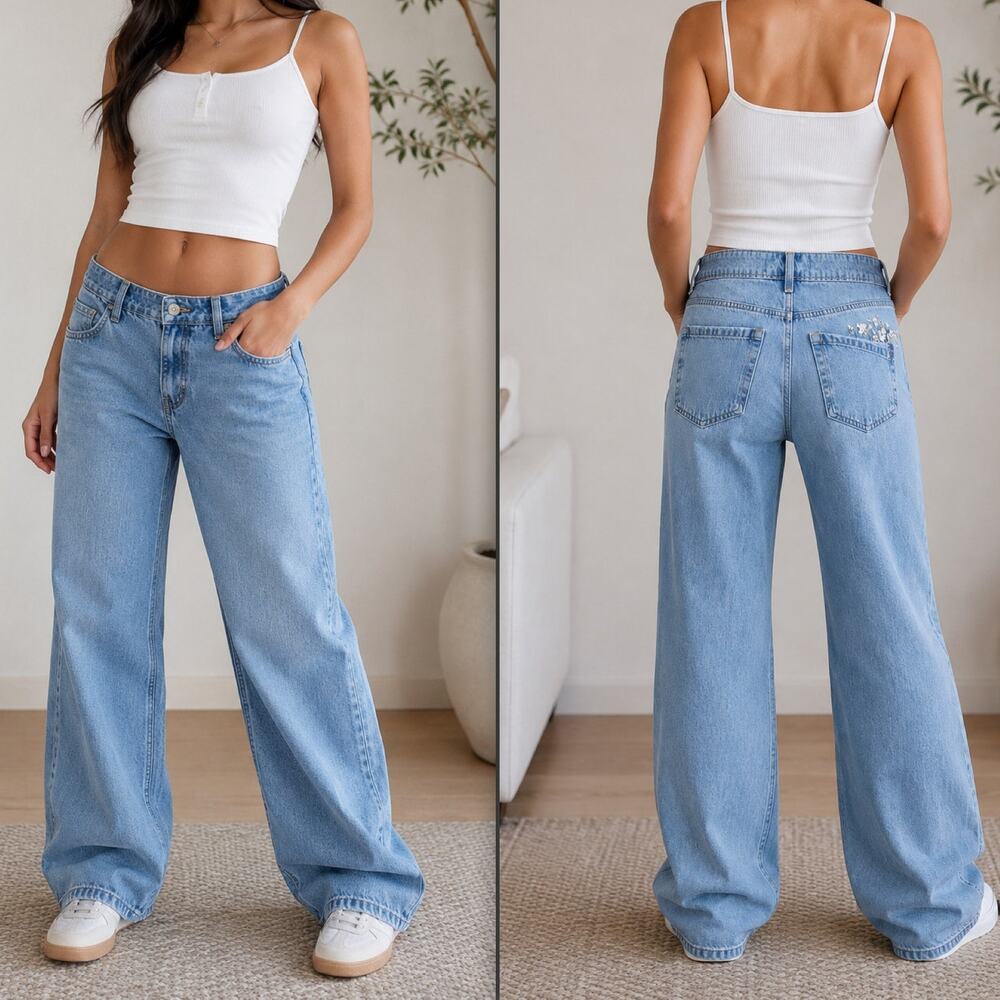 Hollister Y2K Low-Rise Super Baggy Floral Embroidered Medium Wash Jeans 30 Long